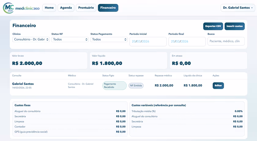 Tela do financeiro da MedClinic360