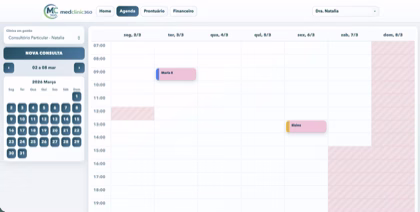 Exemplo da interface da plataforma MedClinic360 com agenda, prontuário e financeiro
